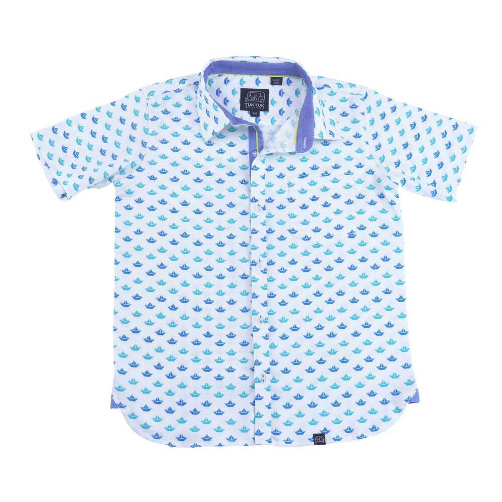 NEW TUKTUK DESIGNS boys origami sailboats shirt in blue/green